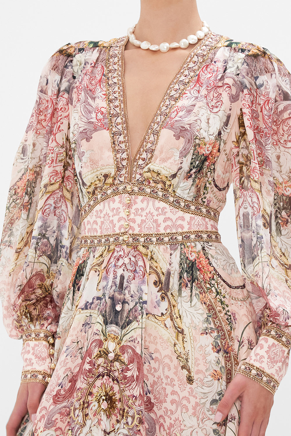 Detail view of model wearing CAMILLA silk floral maxi dress in Kissed By The Prince print