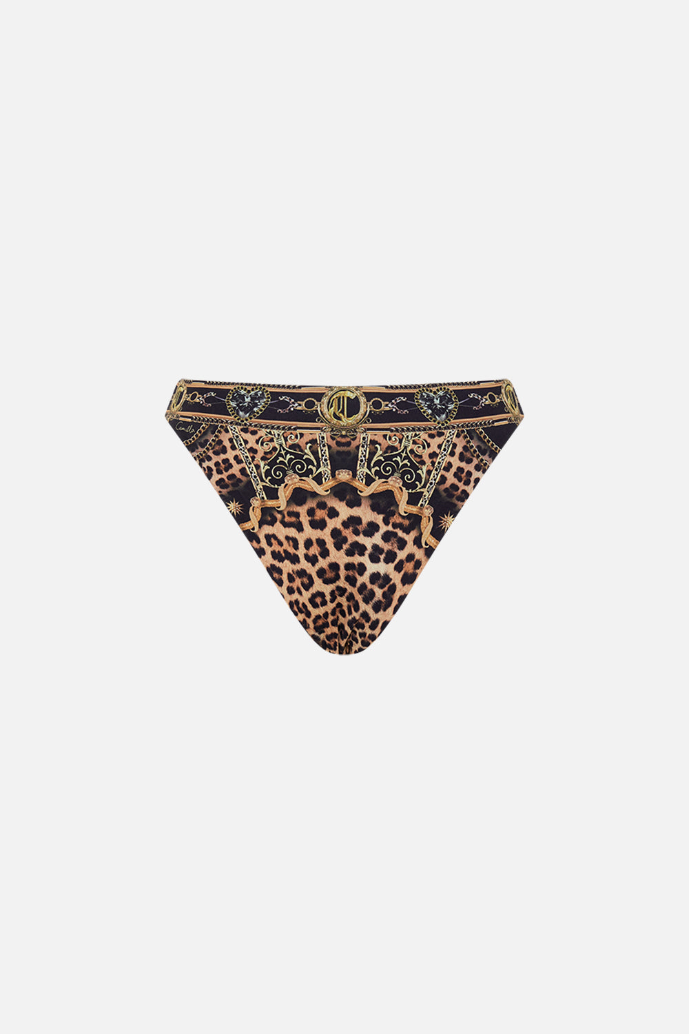 Detail view of model wearing CAMILLA  luxury bikini bottom in Masked At Moonlight print