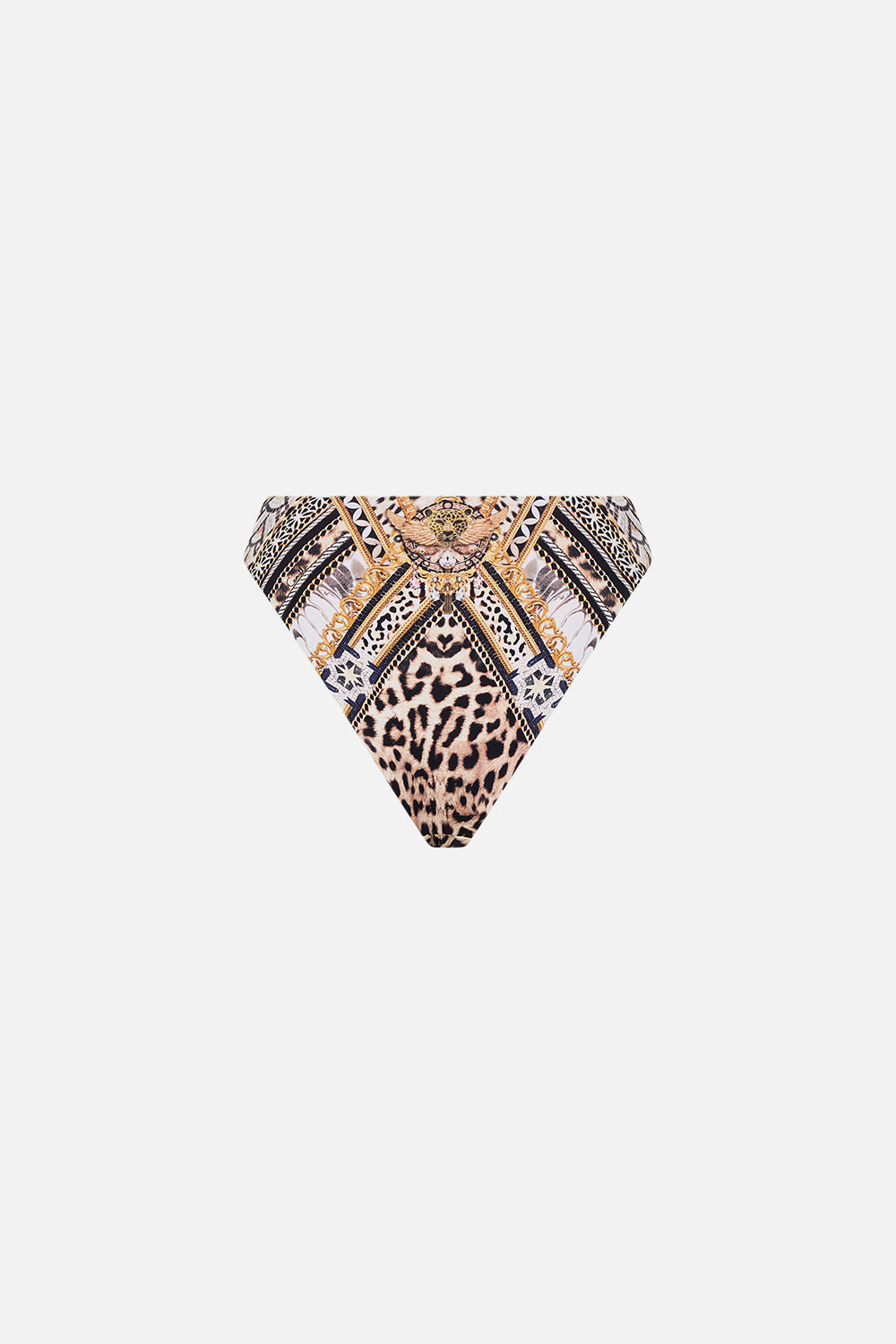Detail view of model wearing CAMILLA swim animal print bikini bottom in Mosaic Muse