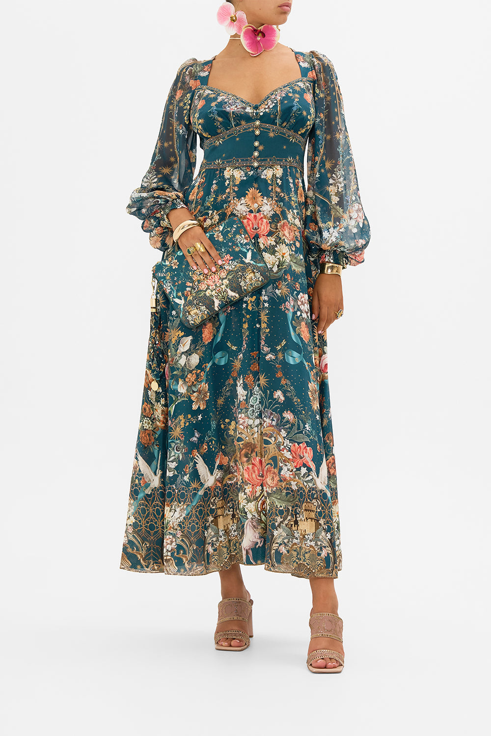 CAMILLA floral  silk dress in She Who Wears The Crown print