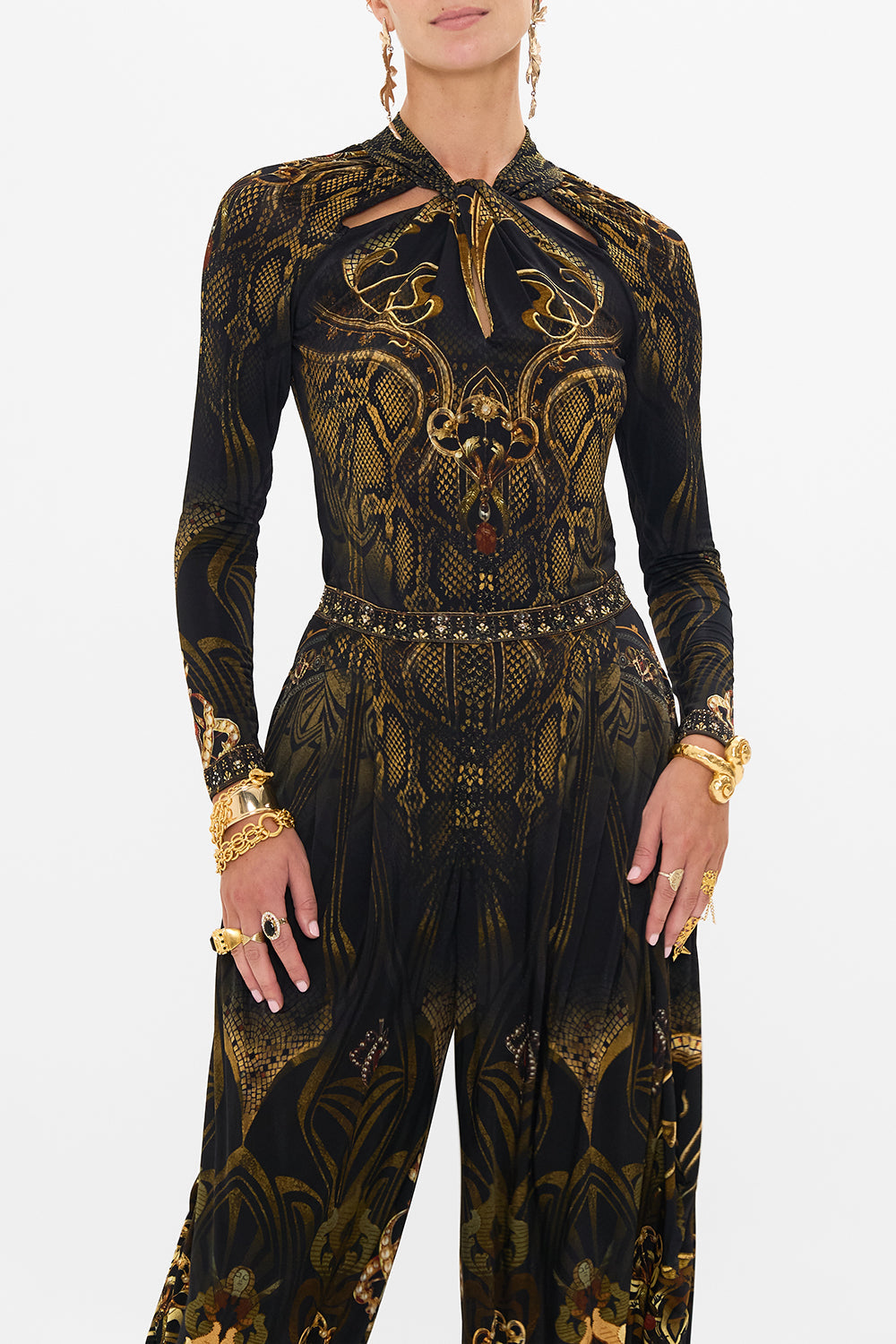 CAMILLA jersey cut out top in Nouveau Noir print