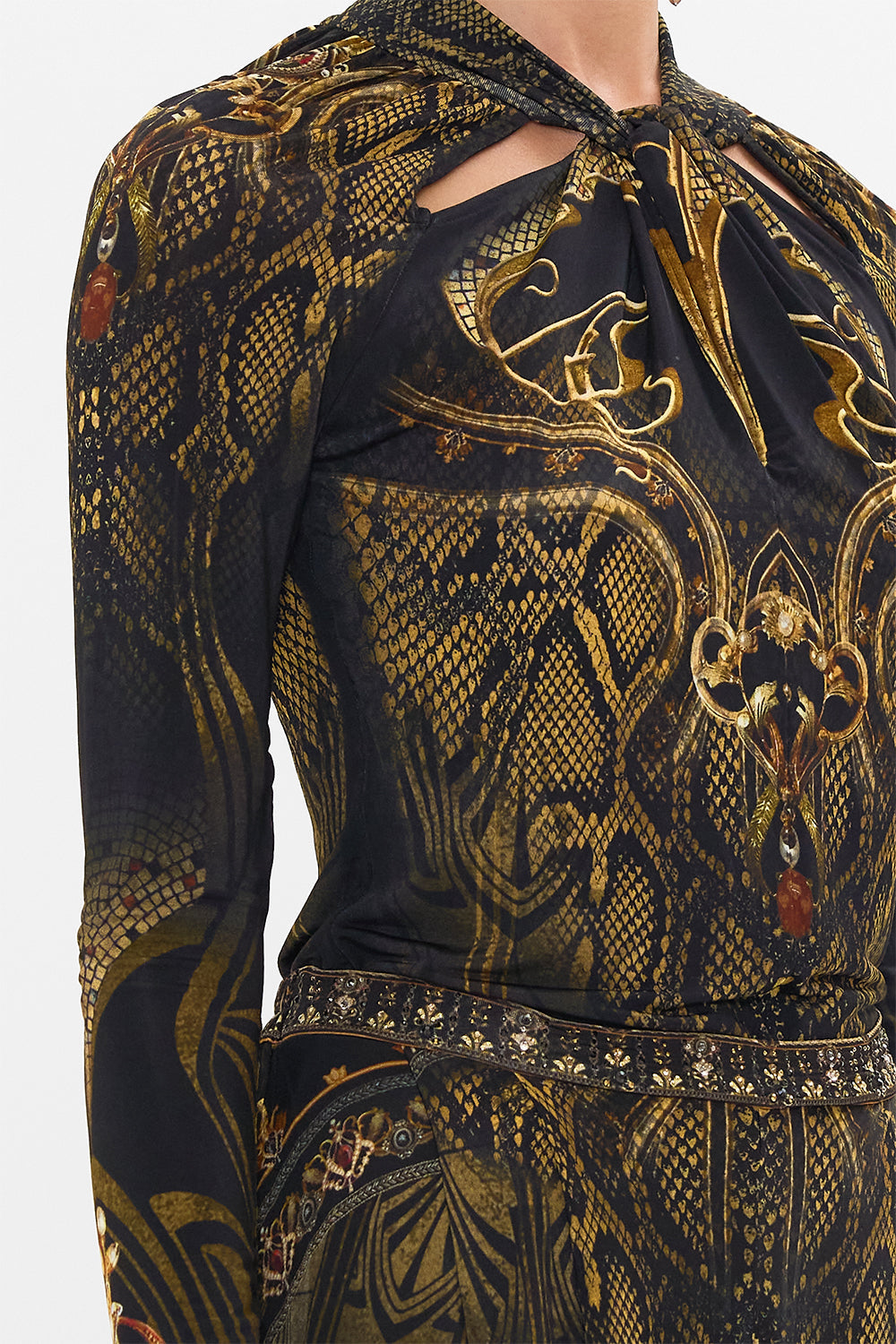 CAMILLA jersey cut out top in Nouveau Noir print