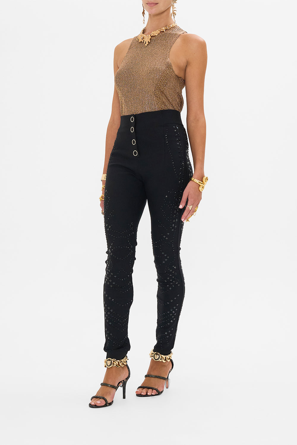 CAMILLA black ponte pant in Nouveau Noir print