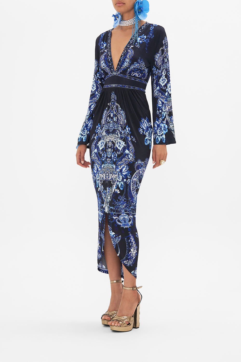 Back view of model wearing CAMILLA jersey dress in Delft Dynasty print 