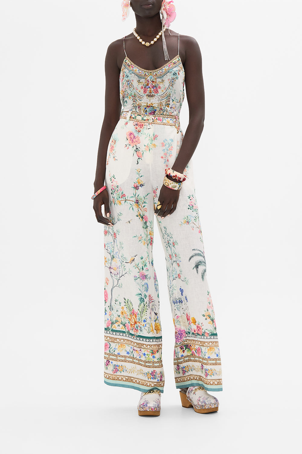 CAMILLA silk pants in Plumes and Parterres print