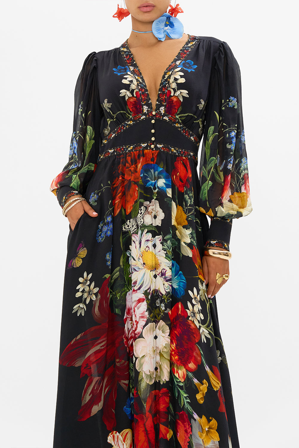 CAMILLA black floral print silk dress in A Still Life print