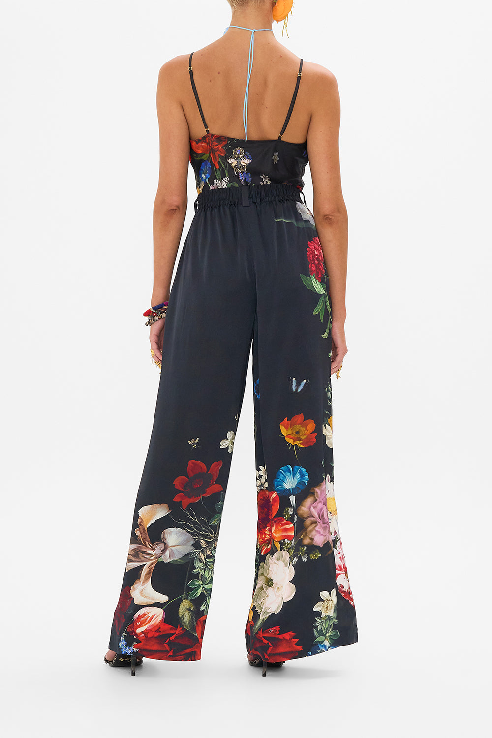 CAMILLA black floral print silk pants in A Still Life print