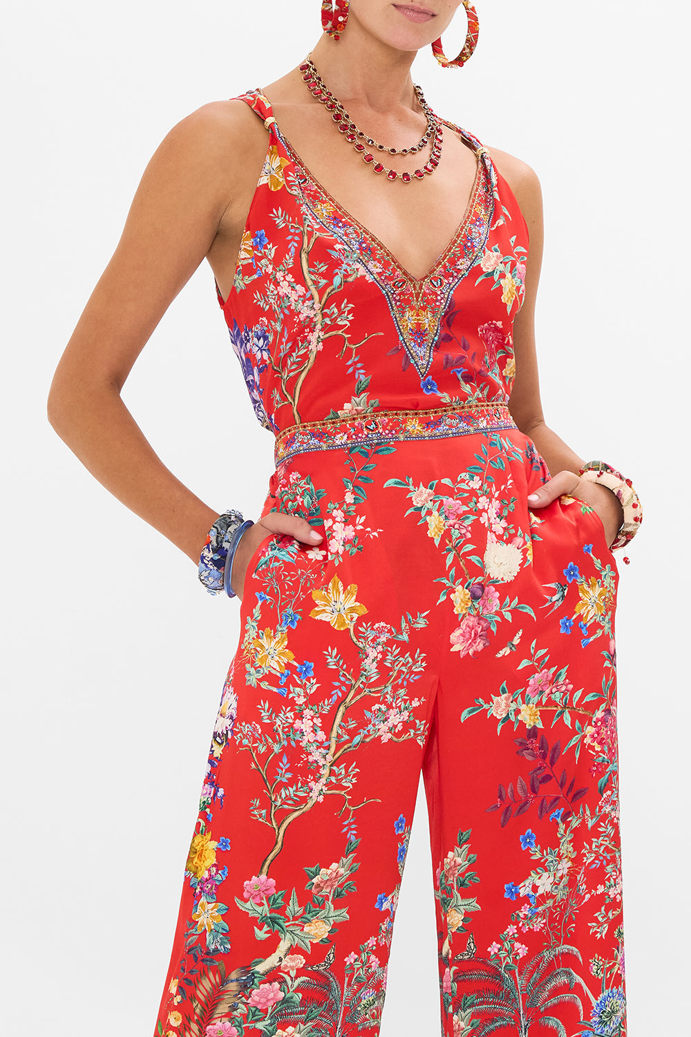 CAMILLA red floral print silk tank top in The Summer Palace print