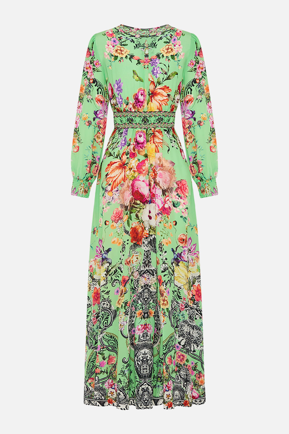 Back view CAMILLA sillk dress in Porcelain Dream print 