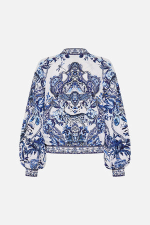 Back view of CAMILLA silk bomber jacket in Glaze and Graze print