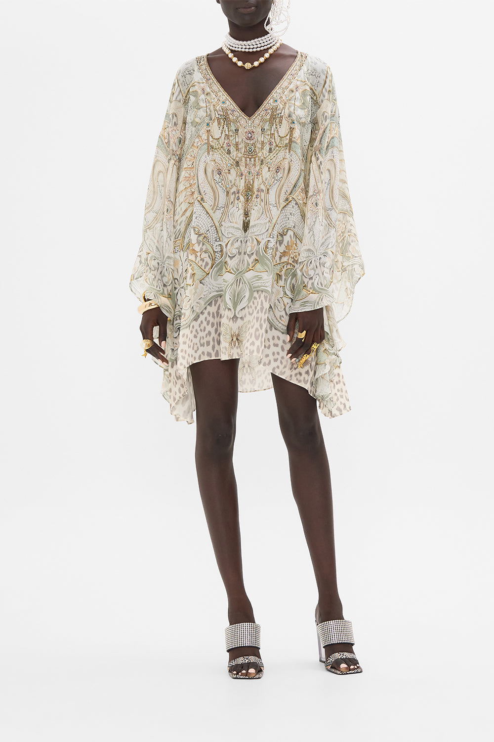 CAMILLA silk kaftan in Ivory Tower Tales print
