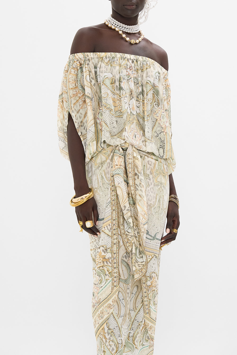 CAMILLA off shoulder top in Ivory Tower Tales print