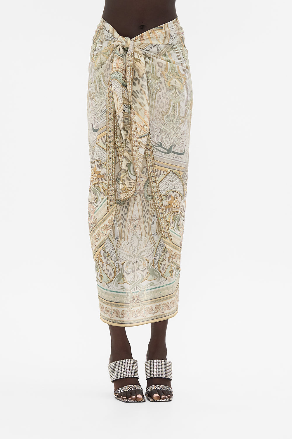 CAMILLA tie front skirt in Ivory Tower Tales print