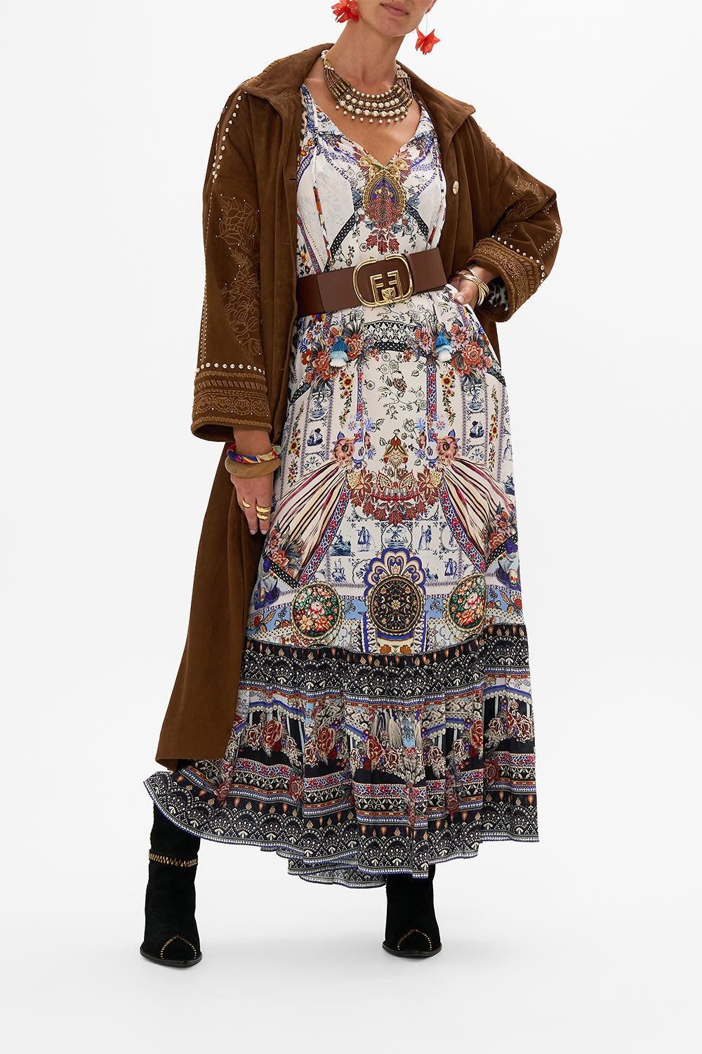 CAMILLA embroidered suede coat in Volendam Dolls print