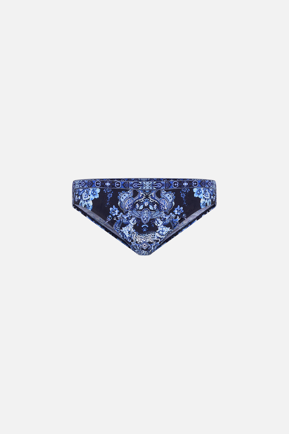 Front product view of Hotel Franks By CAMILLA mens swim brief in Delft Dynasty print