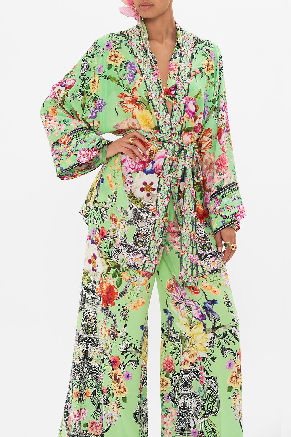 Crop view of model wearing CAMILLA silk kimono in Porcelain Dream print