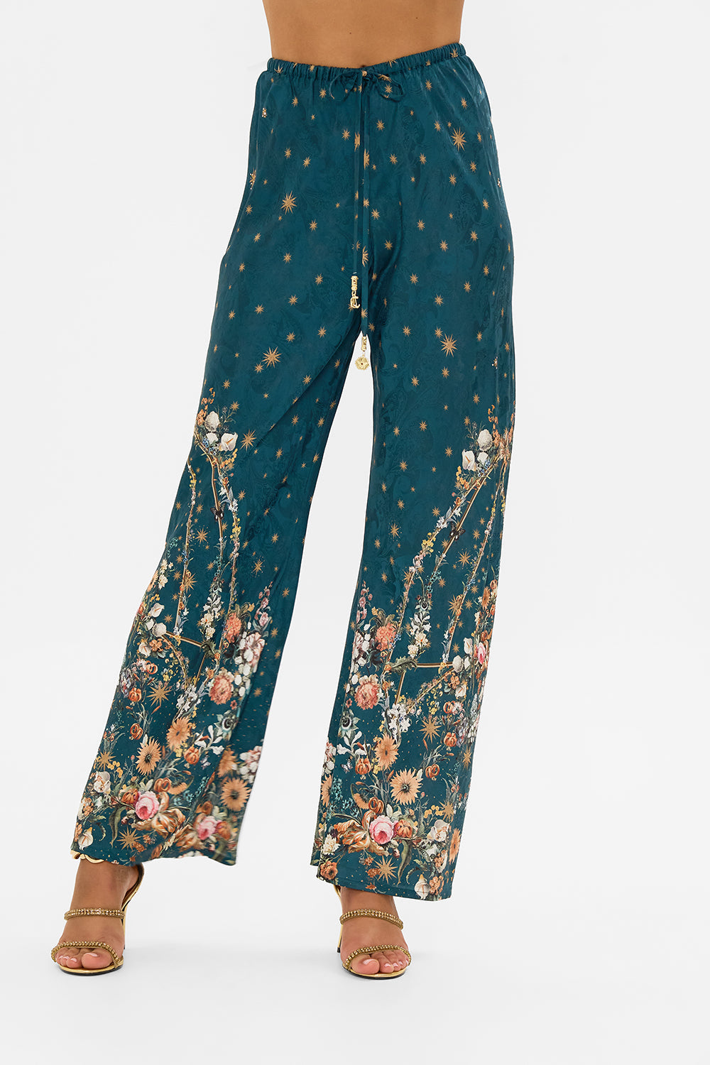 CAMILLA silk bias cut pants in She Who Wears A Crown print