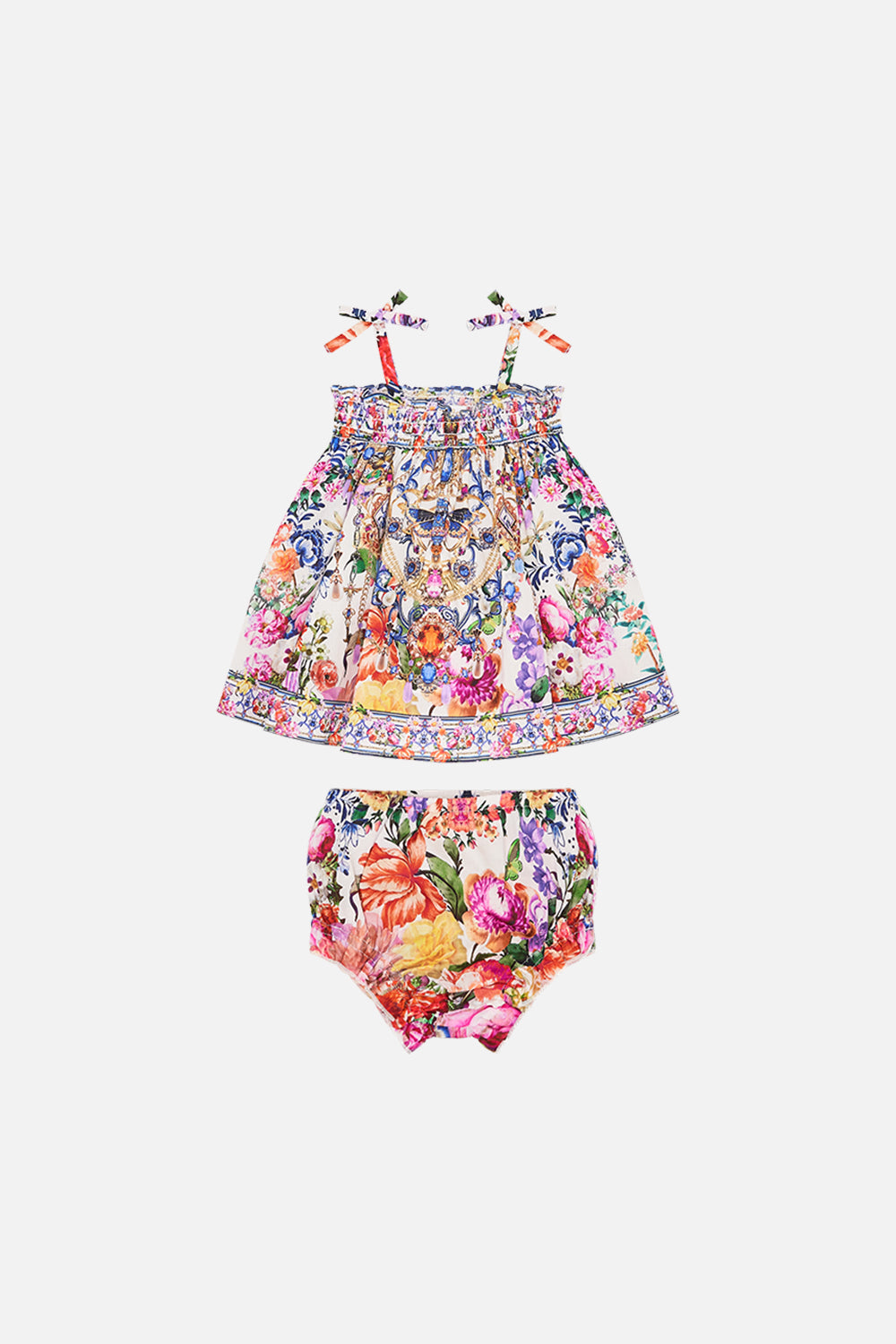 Front product view of Milla By CAMILLA babies bloomer set  in Glaze and Graze print