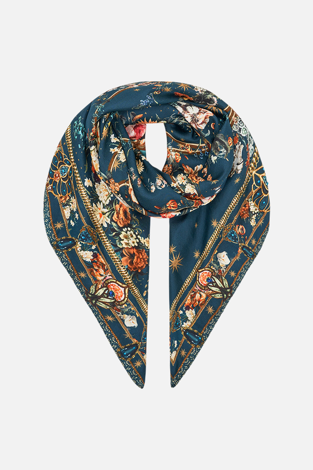 CAMILLA silk scarf in She Who Wears The Crown print