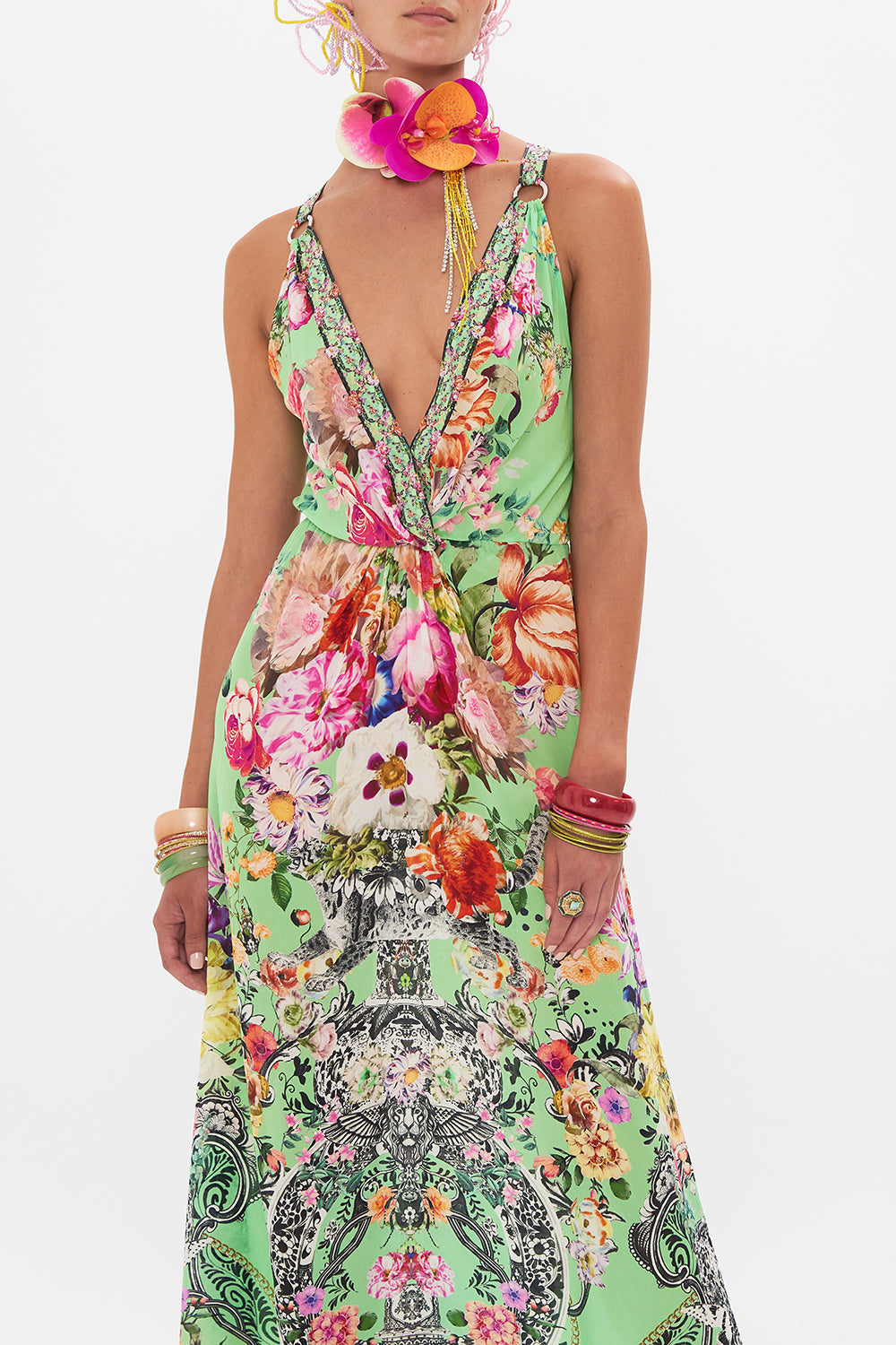 Crop view of model wearing CAMILLA twist front dress in Porcelain Dream print