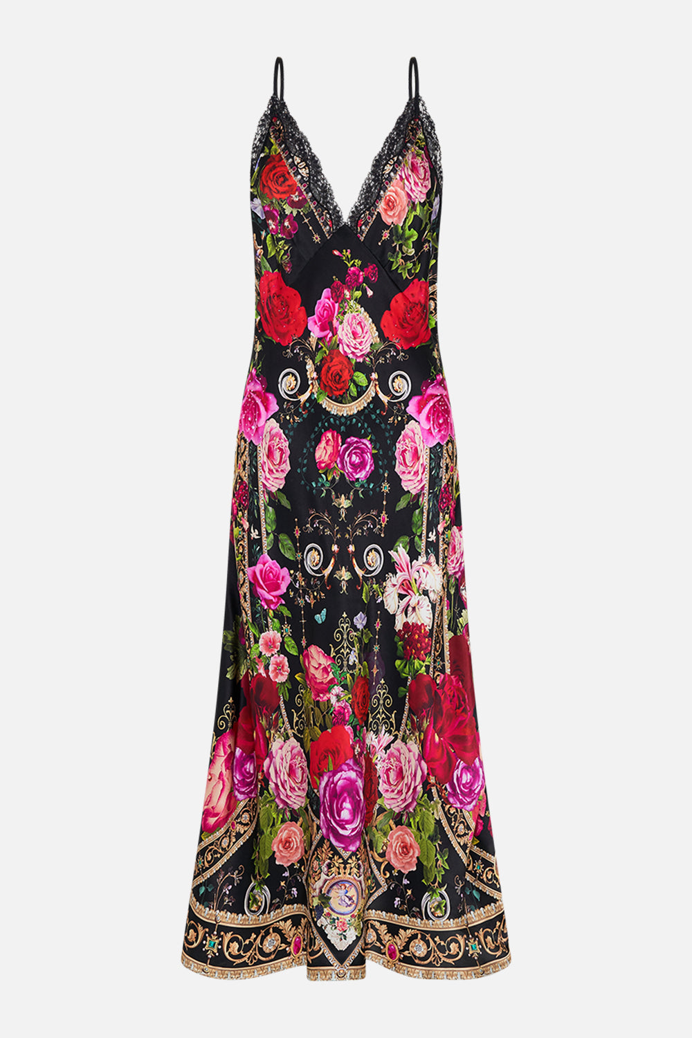 Product view of CAMILLA bias silk slip dress in Reservation for Love print