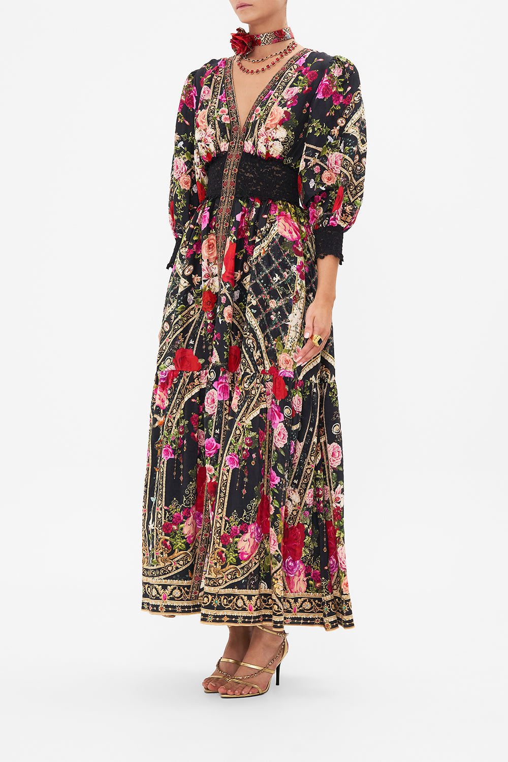 Side view of model wearing CAMILLA floral maxi dress in Reservation For Love print