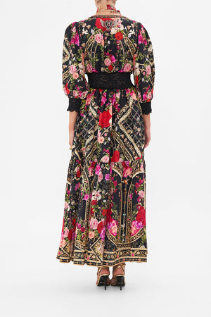 Back view of model wearing CAMILLA floral maxi dress in Reservation For Love print