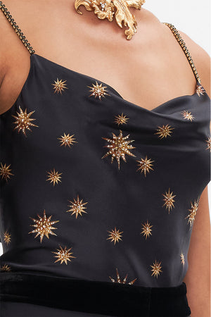 Detail view of model wearing CAMILLA silk cami top in Soul of A Stargazer print 
