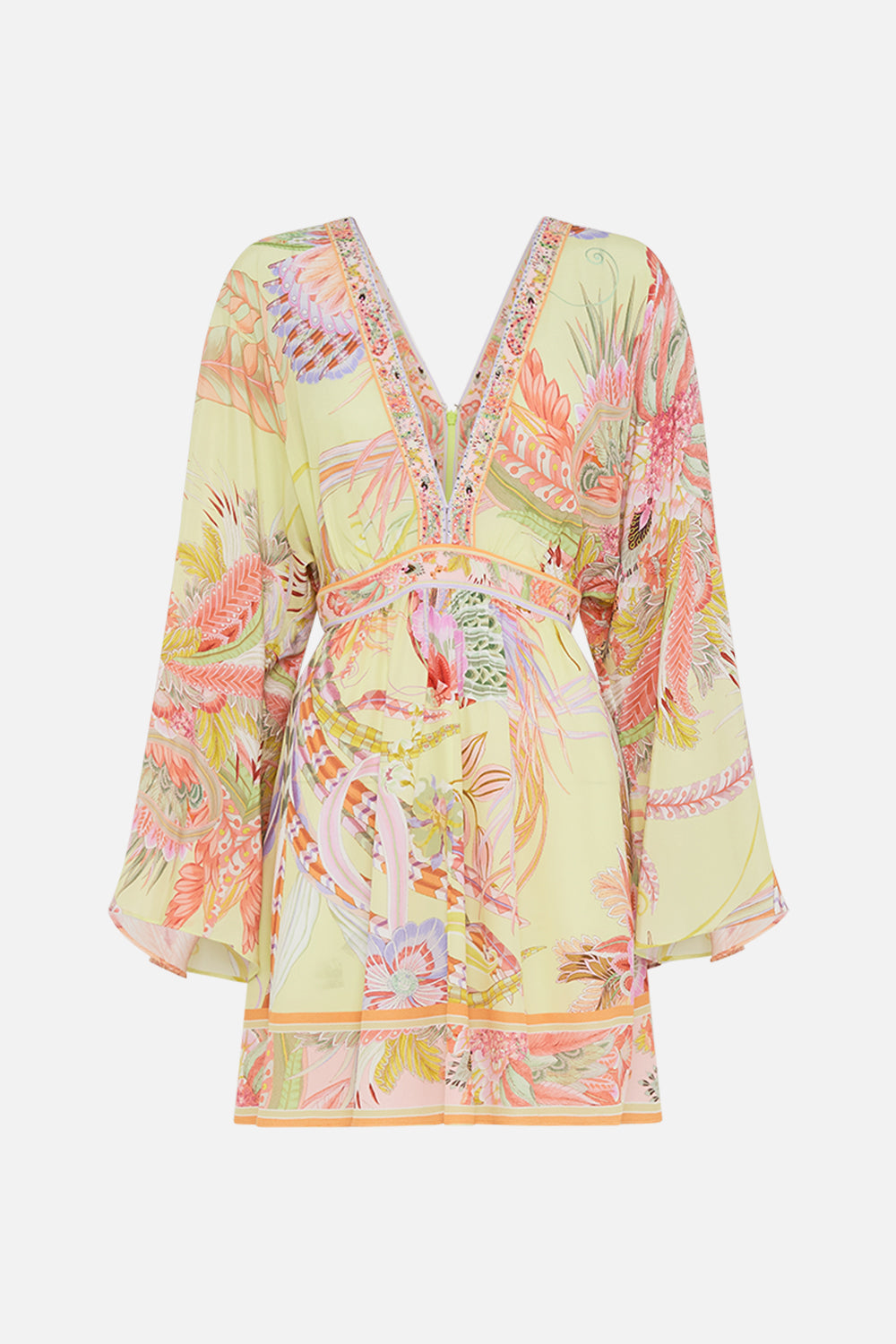 Product view of CAMILLA silk kimono mini dress in Cosmic Tuscan print 