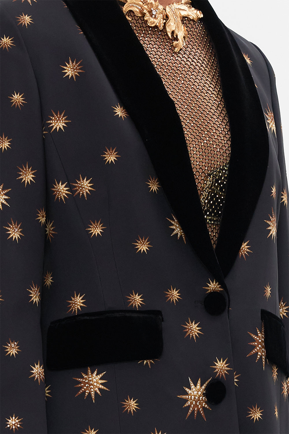 Detail view of model wearing CAMILLA silk jacket in Soul Of A Star Gazer print