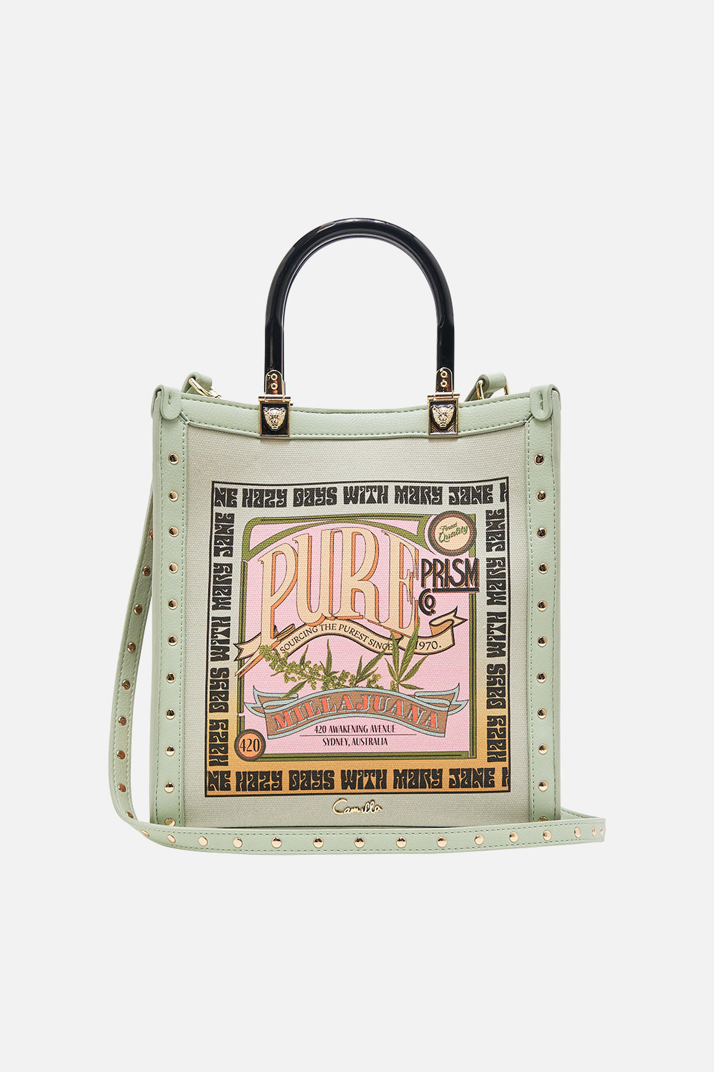 The CAMILLA NORTH SOUTH TOTE WITH SMOOTH HANDLE LETS CHASE RAINBOWS in our LETS CHASE RAINBOWS print.