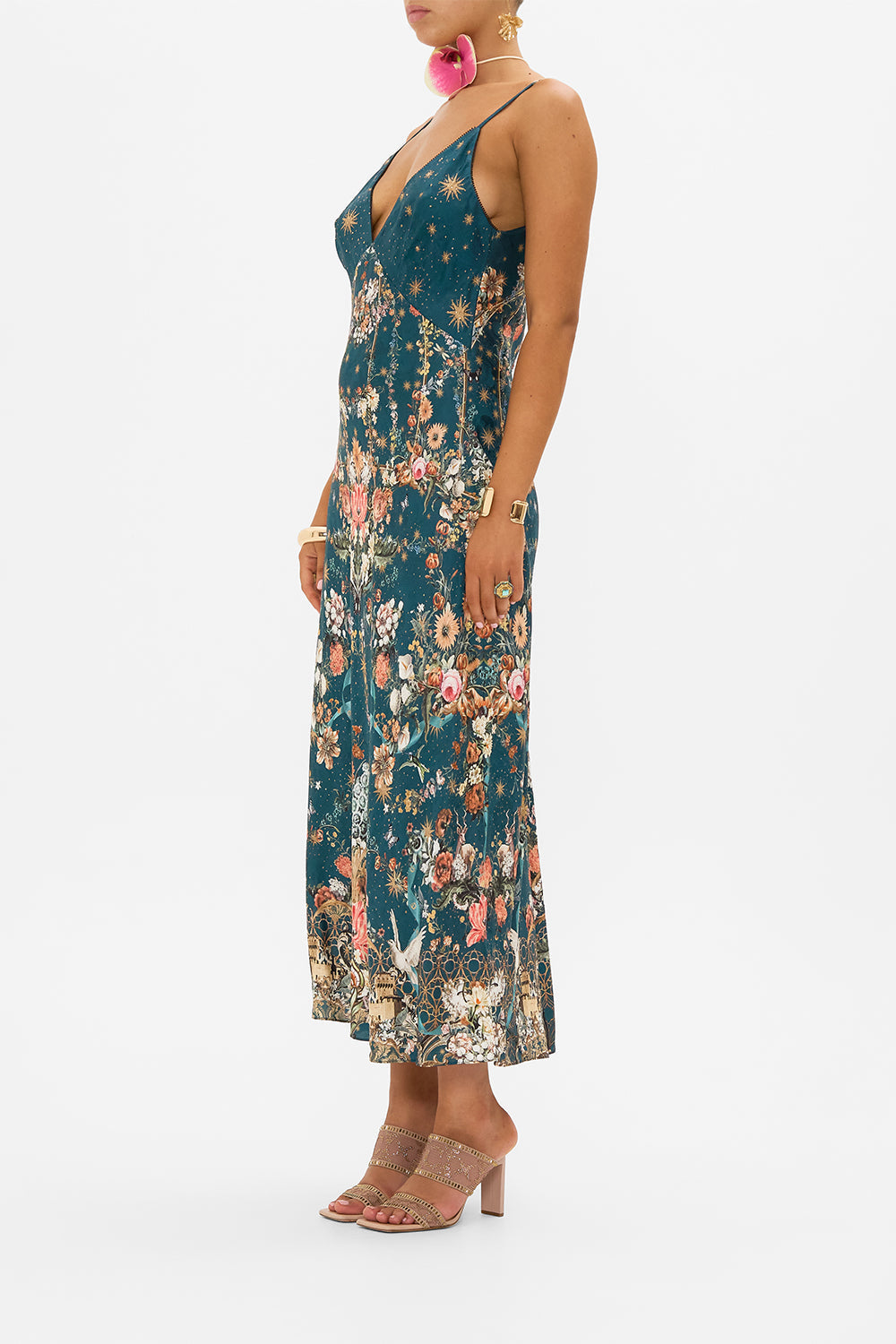 CAMILLA silk slip dress in She Who Wears The Crown print