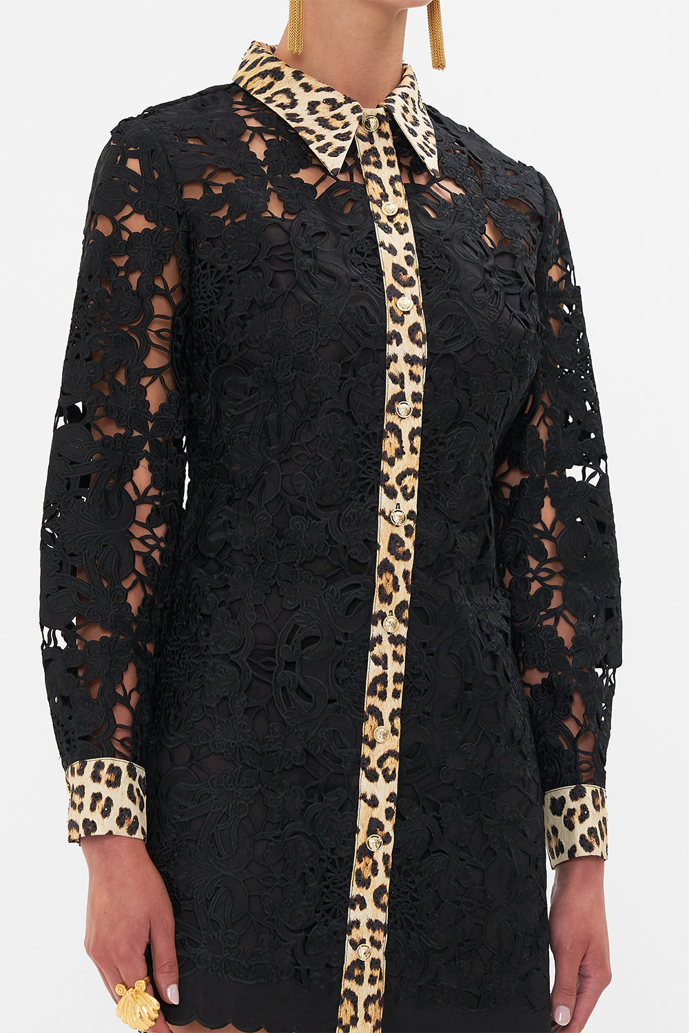 Detail view of model wearing CAMILLA silk tunic dress in Heart Like A Wildflower print