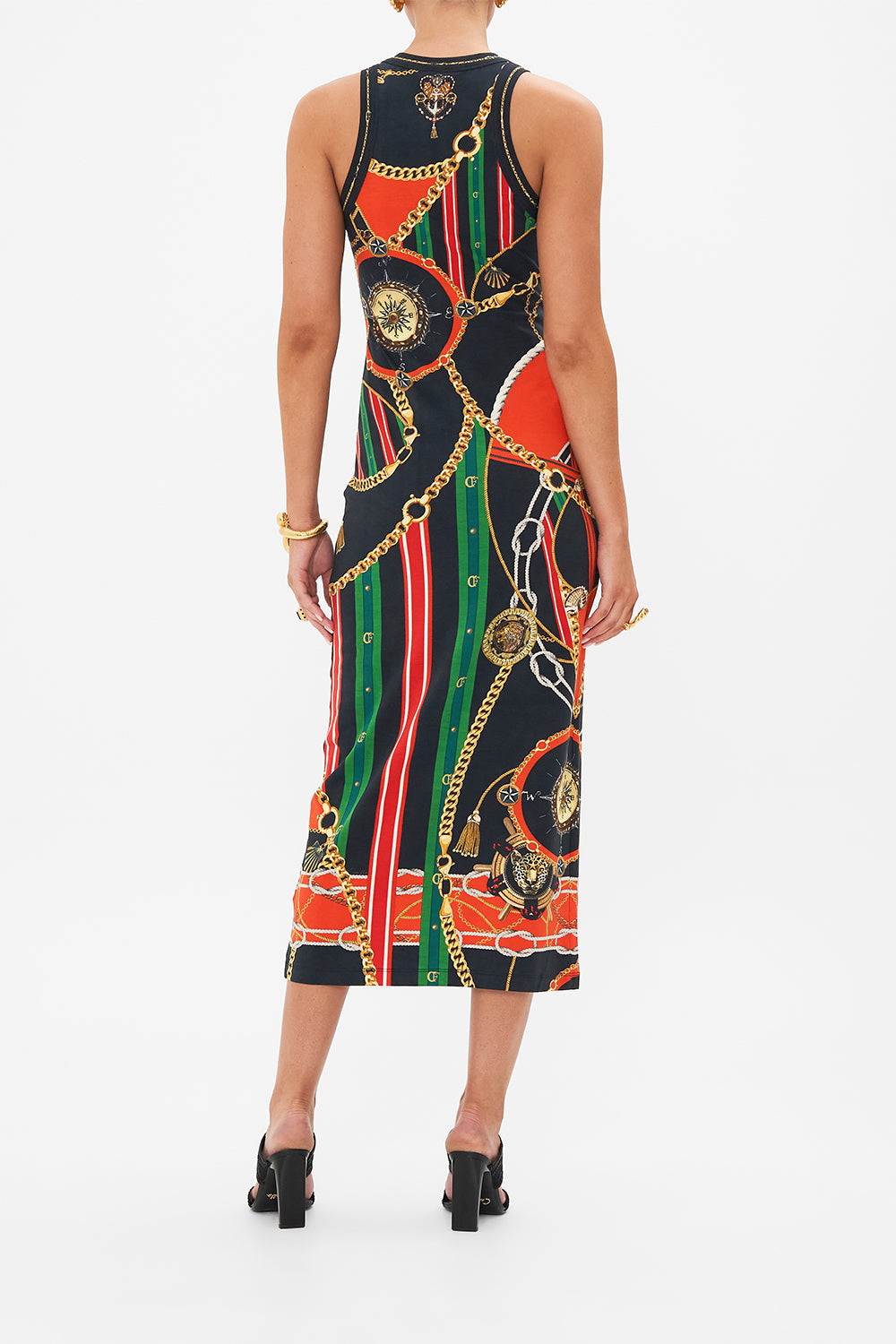 Back view of model wearing CAMILLA jersey tank dress in Club Aperitvo print