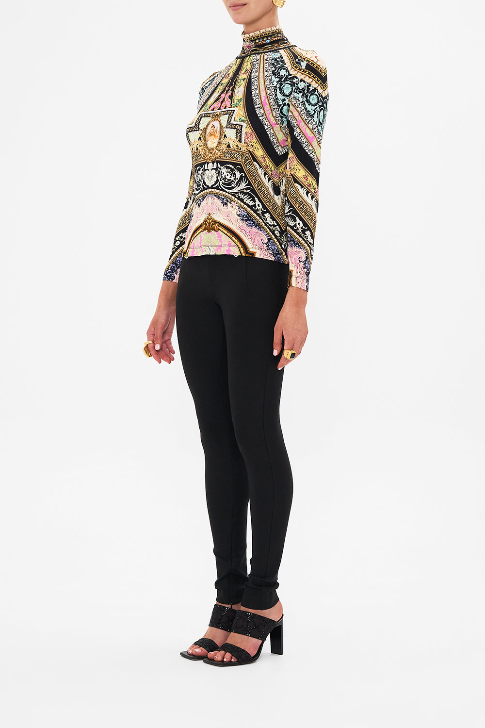 Side view of model wearing CAMILLA jersey turtleneck in Soul Of A Star Gazer print