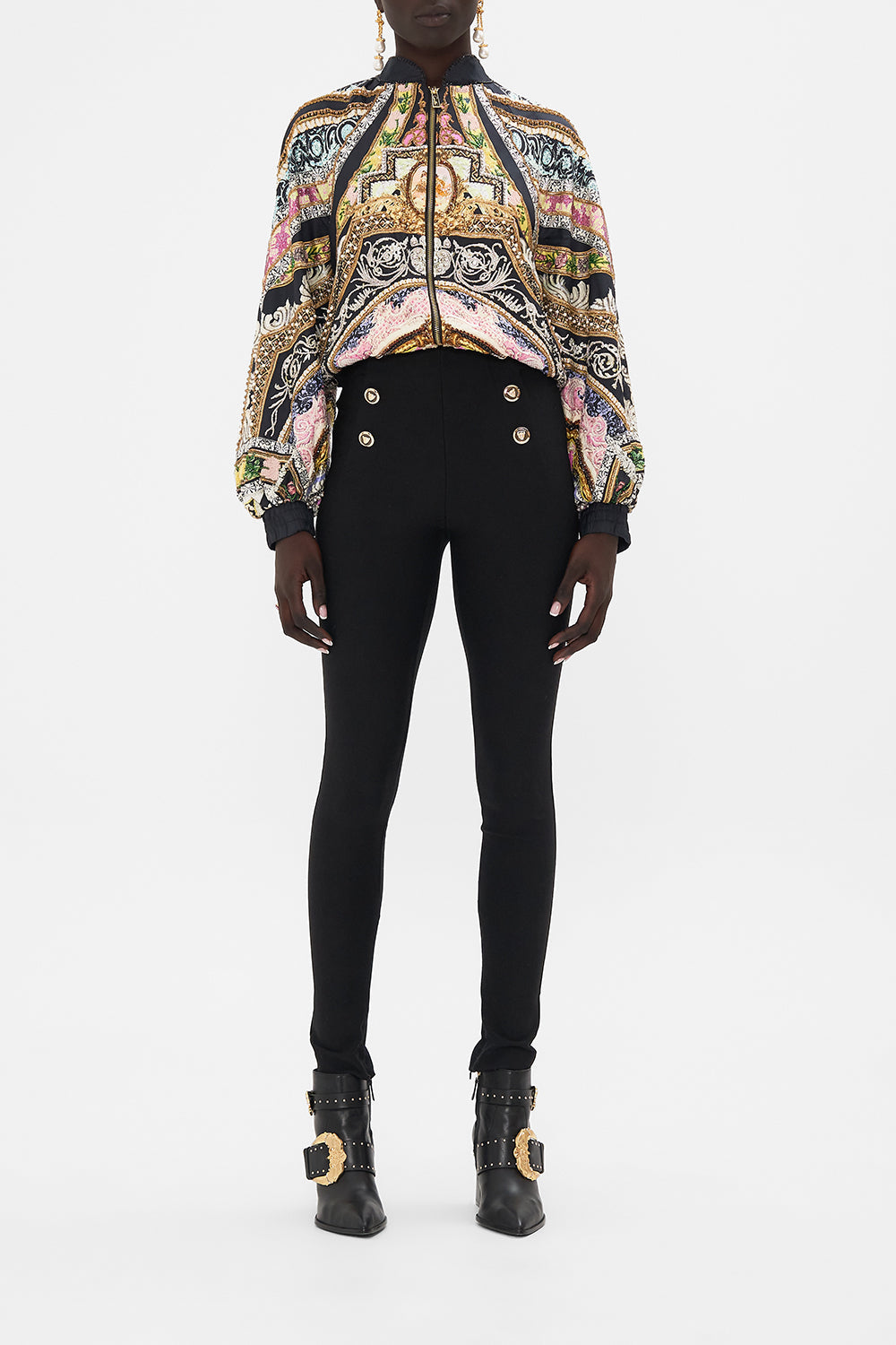 Front view of model wearing CAMILLA silk bomber jacket in Florence Field Day Print 