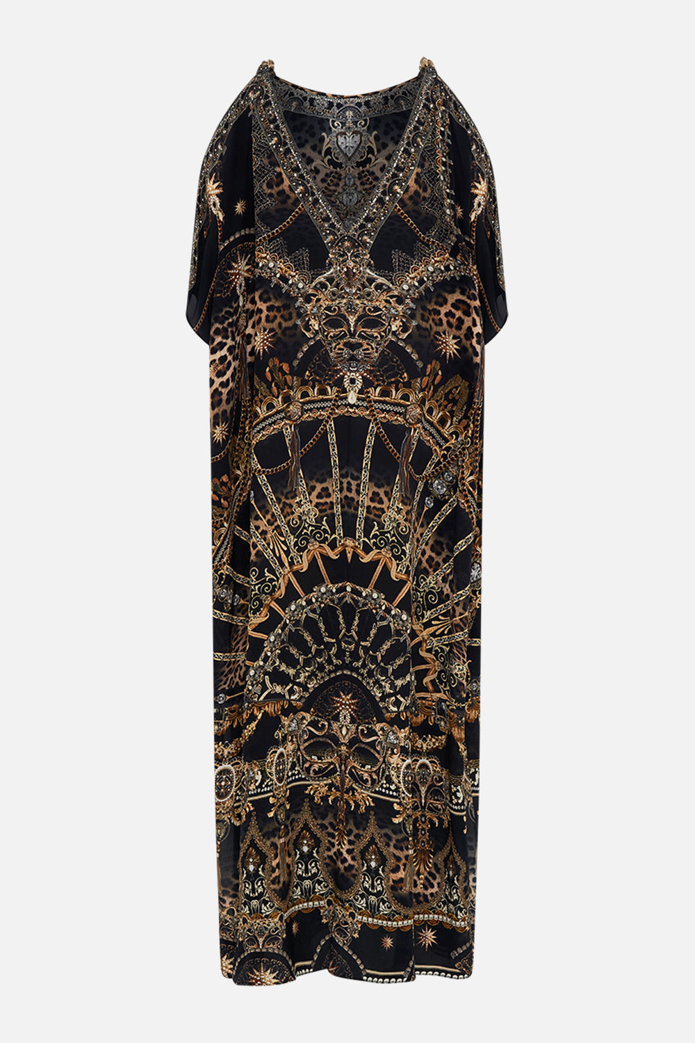 Back product view of CAMILLA silk kaftan with hardware in Masked  at Moonlight print