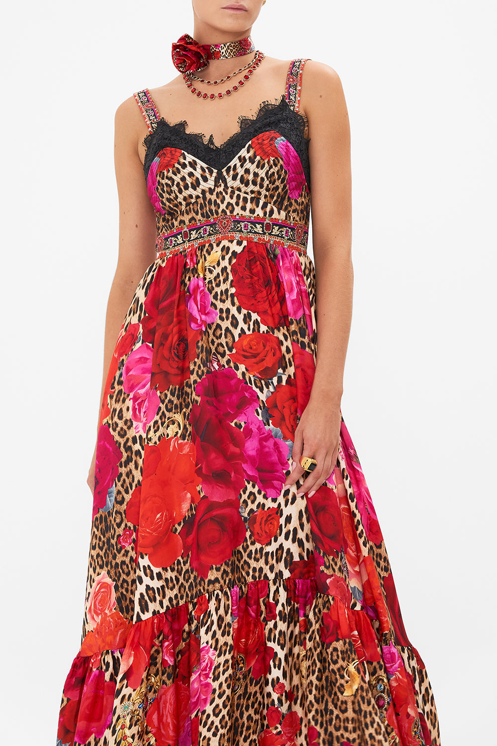 Crop view of model wearing CAMILLA bodice dress in heart Like A Wildflower print
