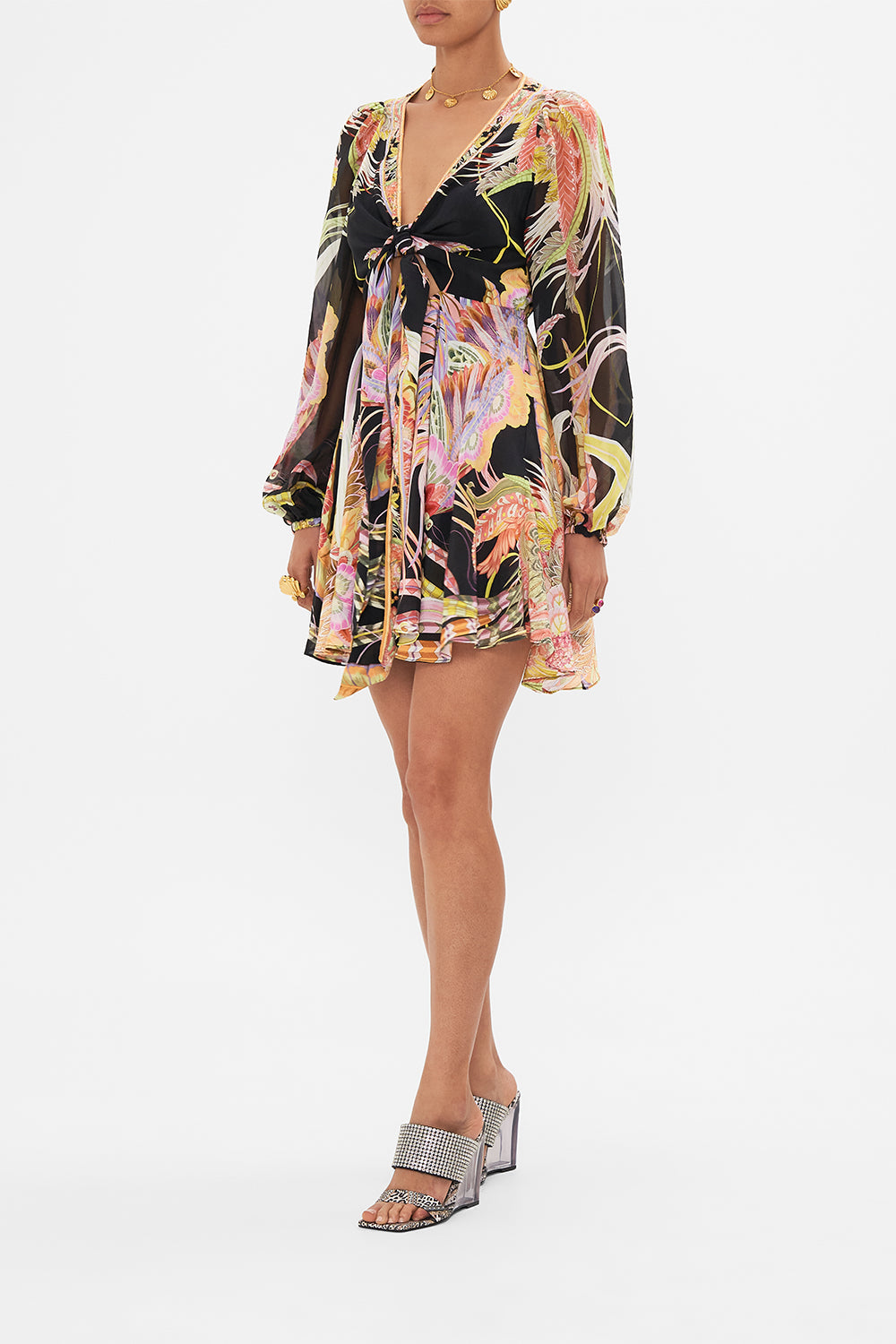 Side view of model wearing CAMILLA silk mini tie dress in Lady Of The Moon print