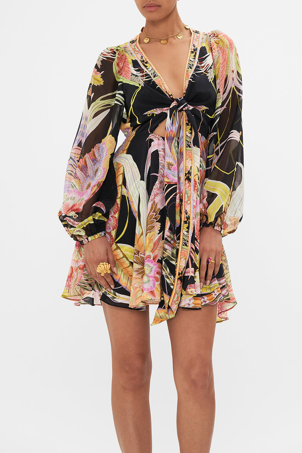 Detail view of model wearing CAMILLA silk mini tie dress in Lady Of The Moon print