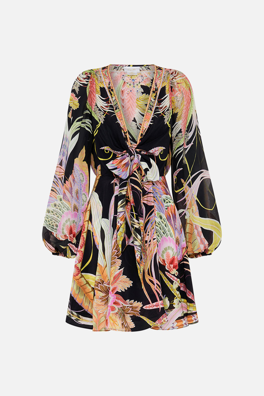 CAMILLA silk mini tie dress in Lady Of The Moon print