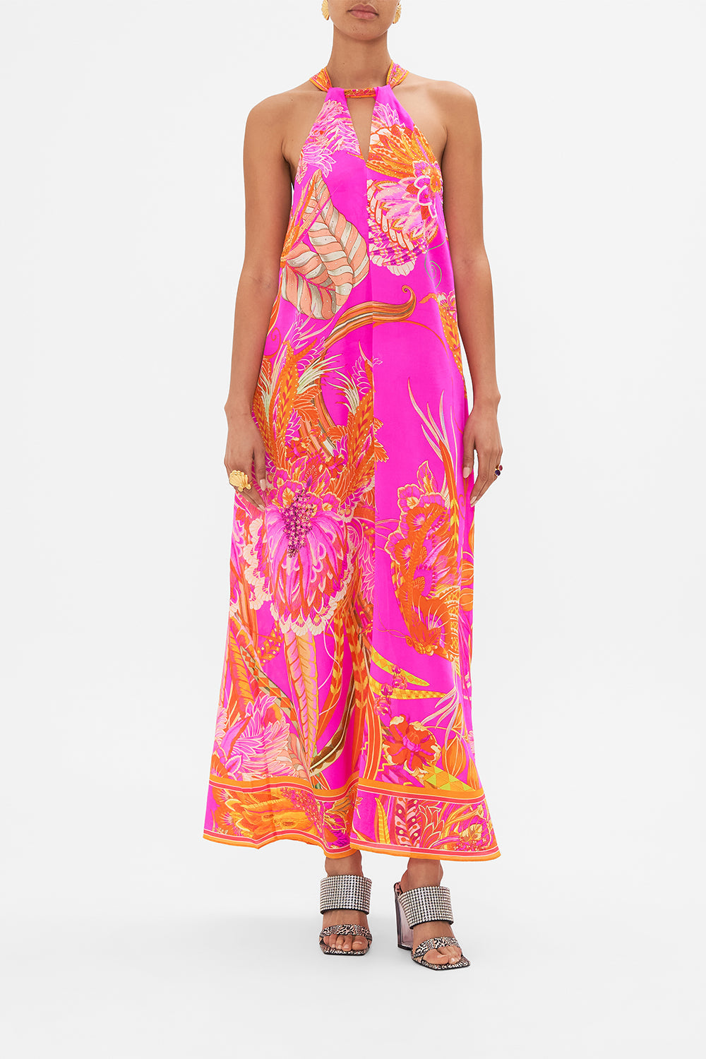 Front view of model wearing CAMILLA silk neck tie dress in A Heart That Flutters print