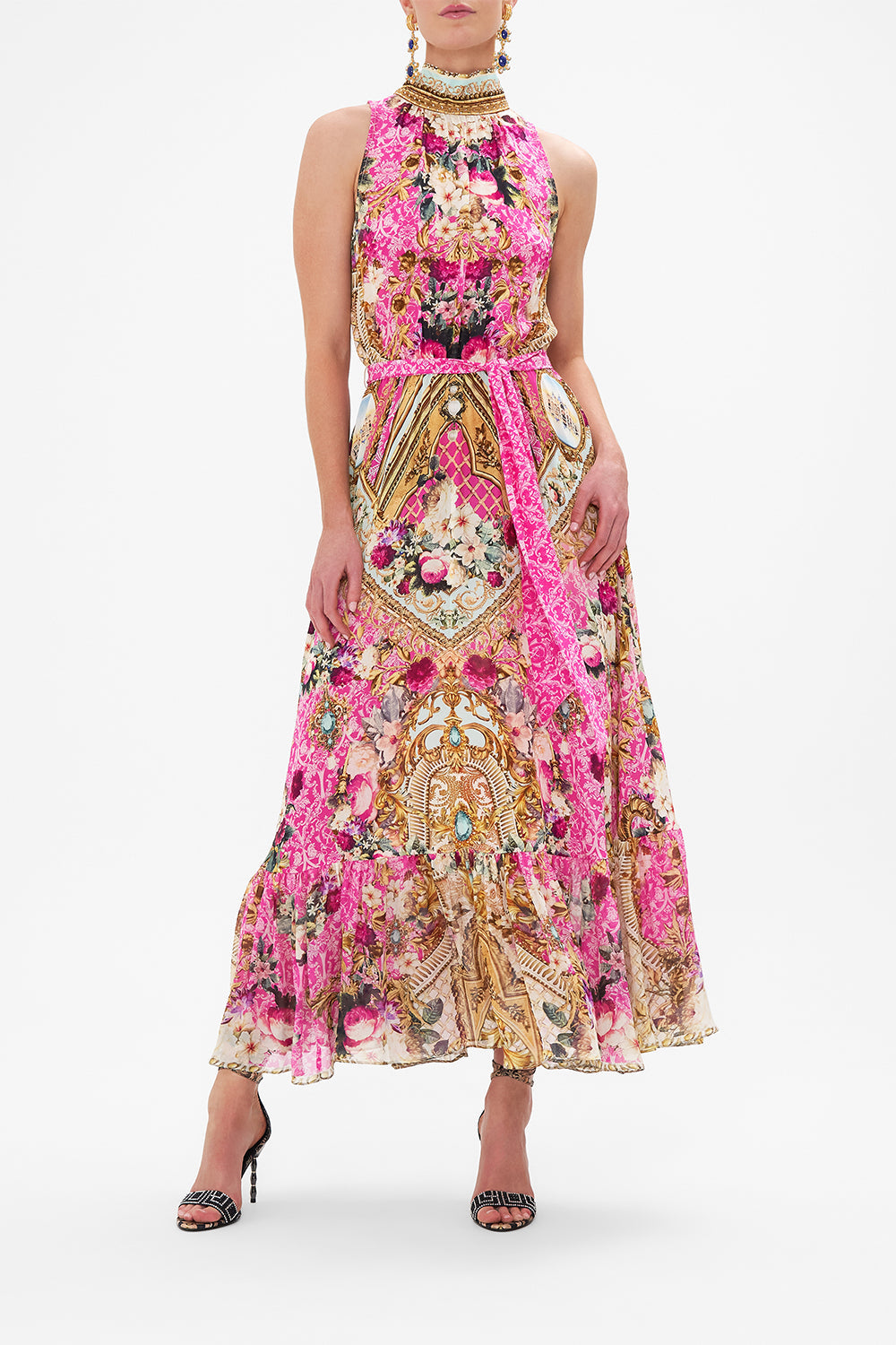 Front view of model wearing CAMILLA silk dress in Call Of The Canal print