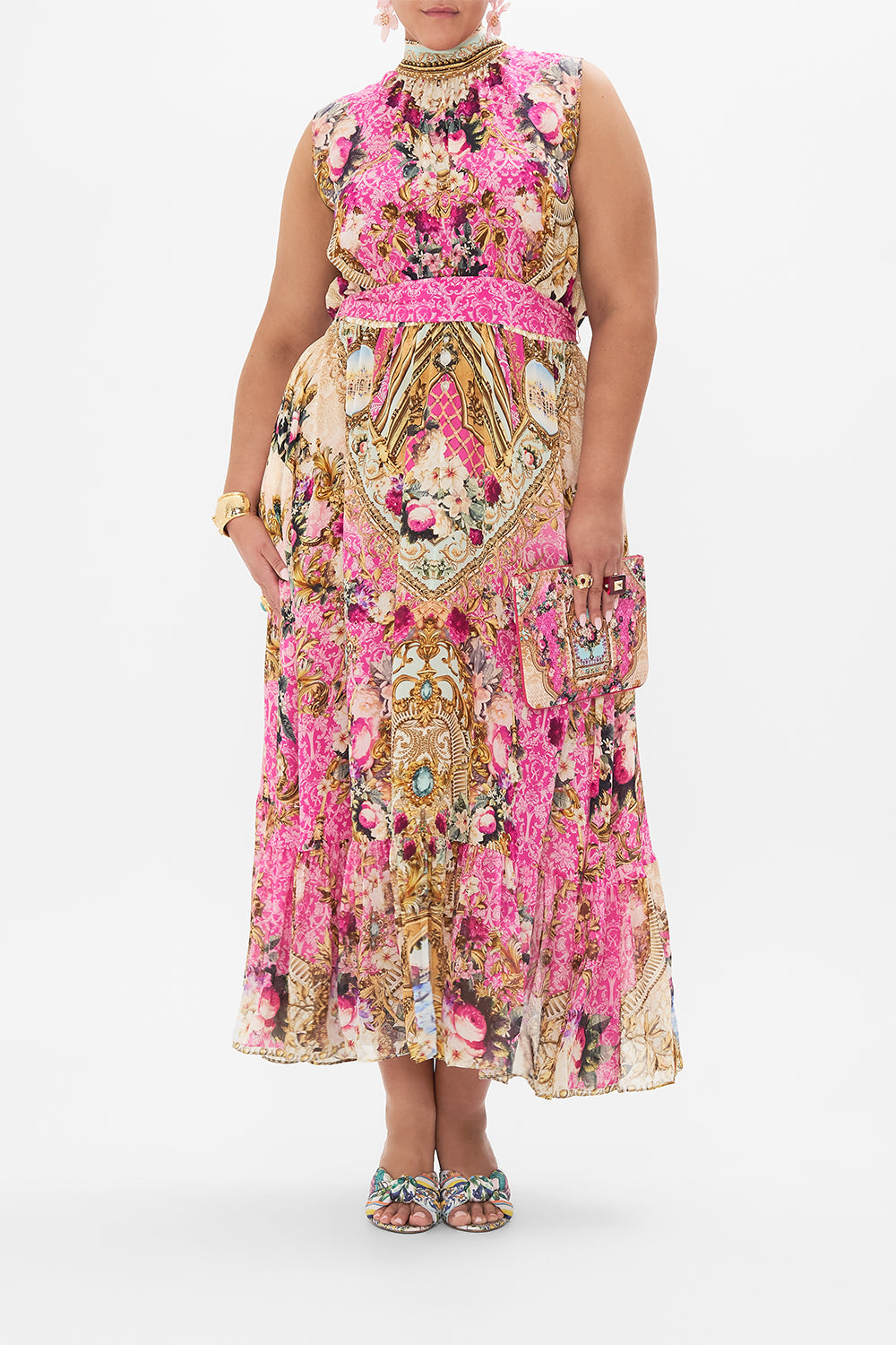 Front view of curvy model wearing CAMILLA plus size pink silk maxi dress in Call Of The Canal print