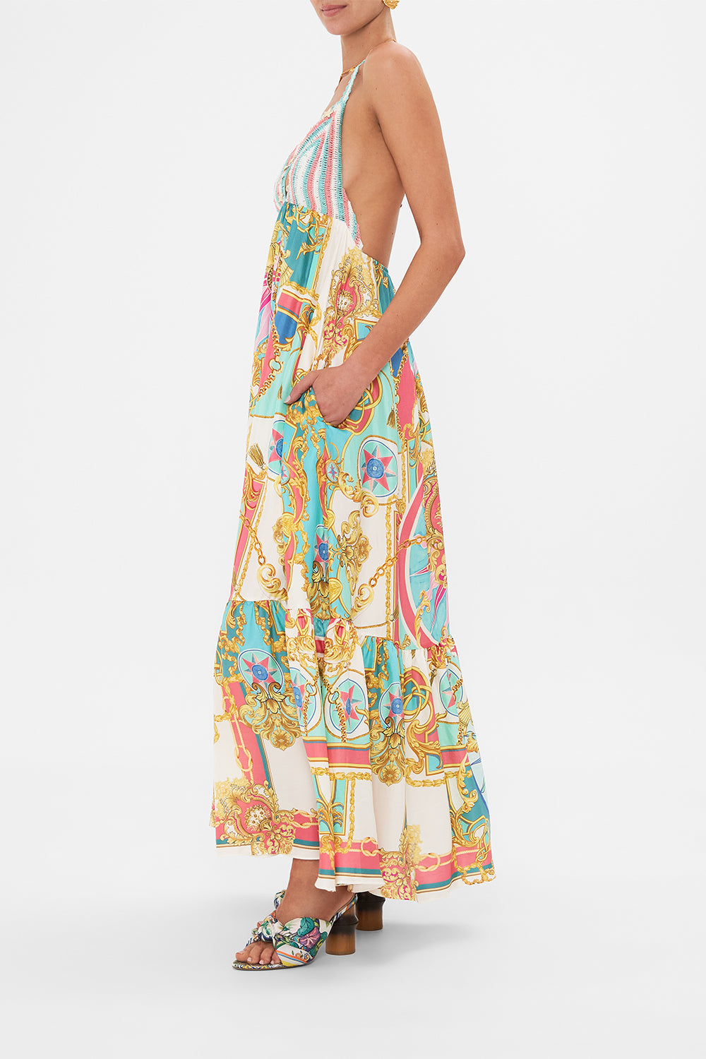 Side view of model wearing CAMILLA maxi dress in Sail Away With Me print