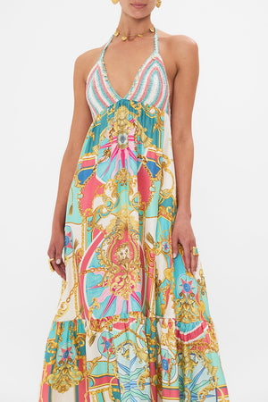 Crop view of model wearing CAMILLA maxi dress in Sail Away With Me print