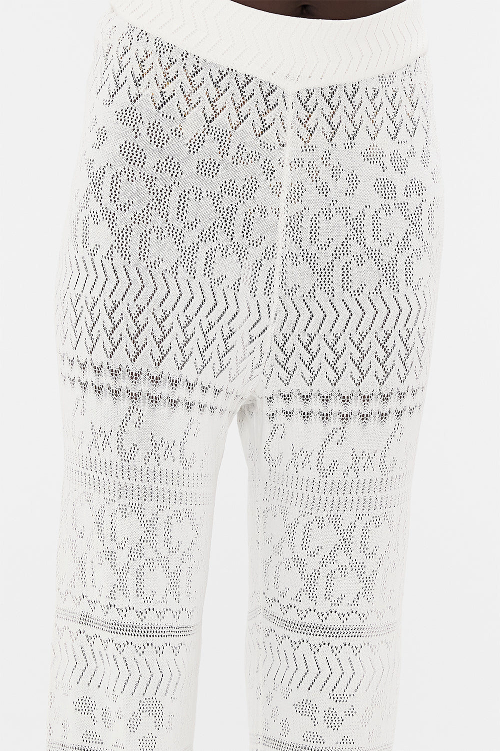 Detail view of model wearing CAMILLA knit pants in Sea Charm 