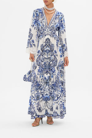 Front view of model wearing CAMILLA silk maxi dress in Glaze and Graze print