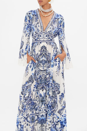 Crop view of model wearing CAMILLA silk maxi dress in Glaze and Graze print