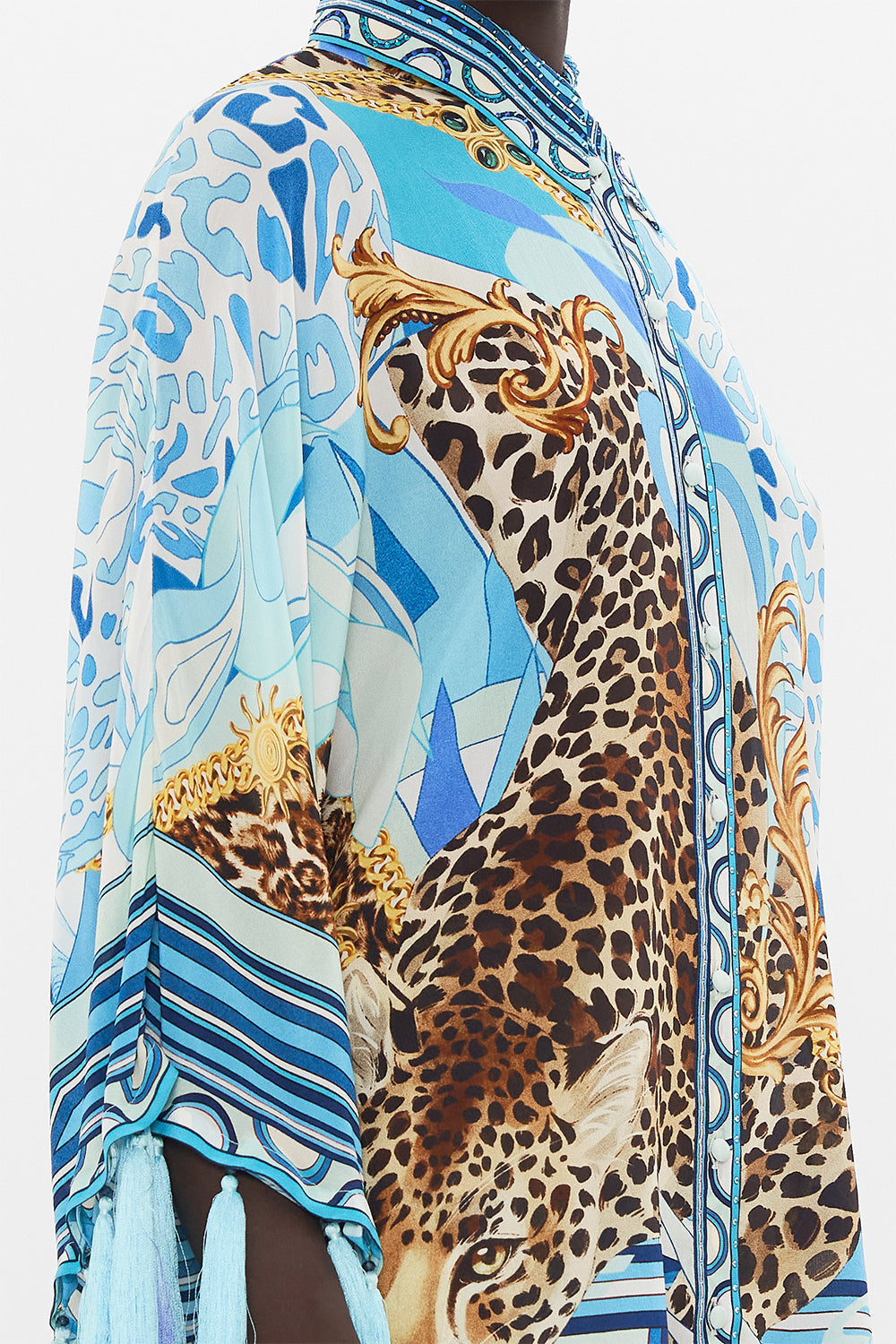 KIMONO SLEEVE BLOUSE WITH OMBRE TASSELS SKY CHEETAH